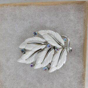 Vintage Classic Elegant Sophisticated White Enamel Rhinestones Leaf Brooch Pin
